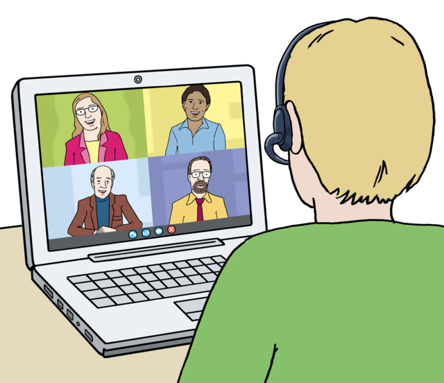 Zeichnung einer Person, die an einer Videokonferenz teilnimmt.