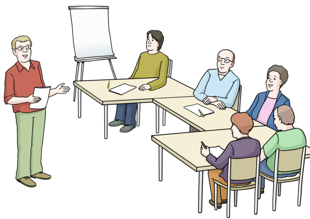 Zeichnung einer Gruppe von Personen, die an einem Kurs teilnehmen.